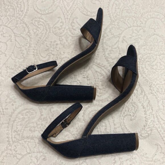 Brash Denim High Heel Sandals Size 6.5 Dark Wash 4” Open Toe Silver Hardware - Picture 4 of 10